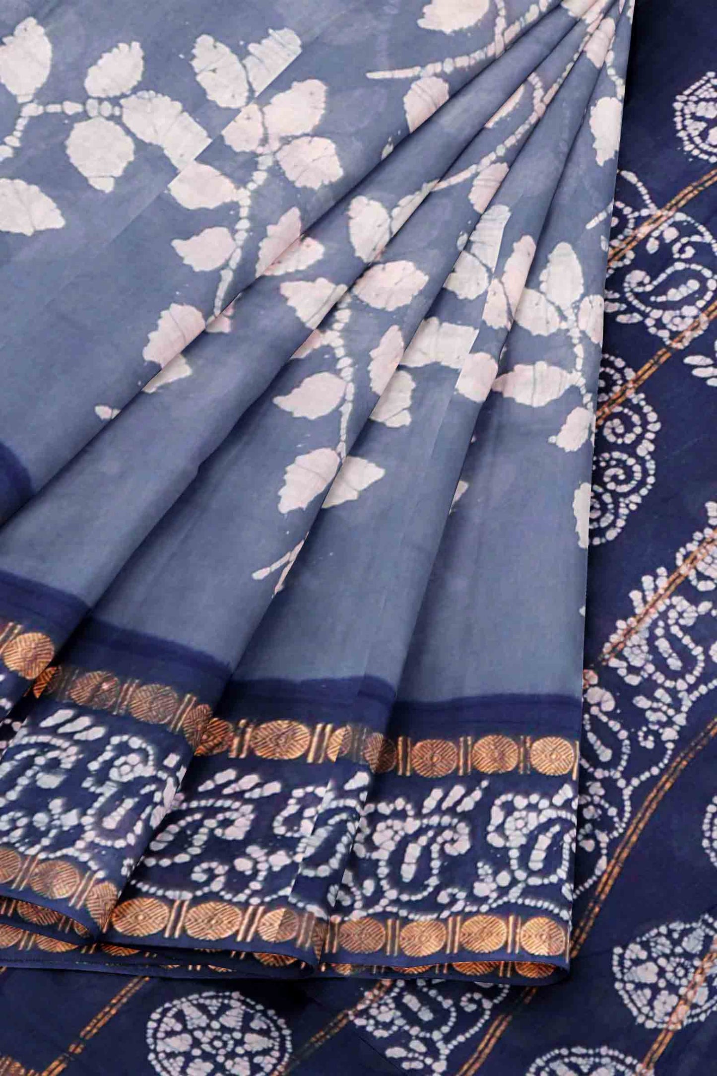 Denim Grey Pure Sungudi Cotton Leaf Print Saree