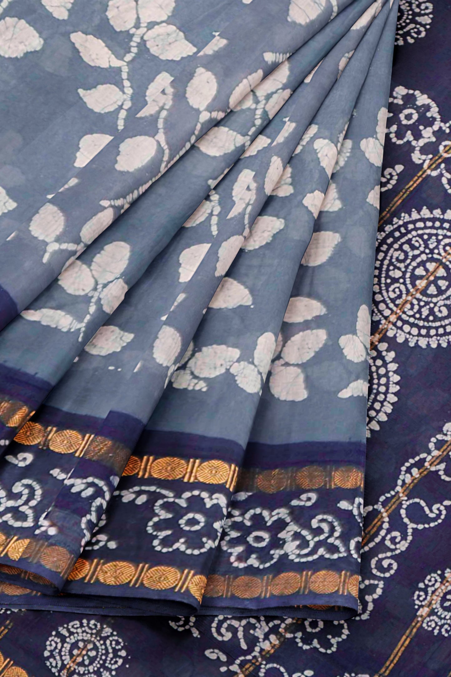 Denim Grey Pure Sungudi Cotton Summer Leaves Print Saree