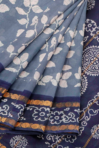 Denim Grey Pure Sungudi Cotton Summer Leaves Print Saree