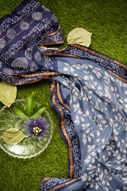 Denim Grey Pure Sungudi Cotton Summer Leaves Print Saree