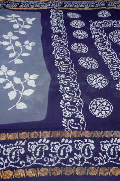 Denim Grey Pure Sungudi Cotton Leaf Print Saree