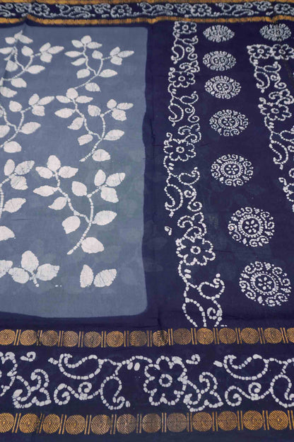 Denim Grey Pure Sungudi Cotton Summer Leaves Print Saree