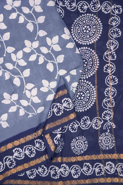 Grey Pure Sungudi Cotton Leaf Print Contrast Border Saree