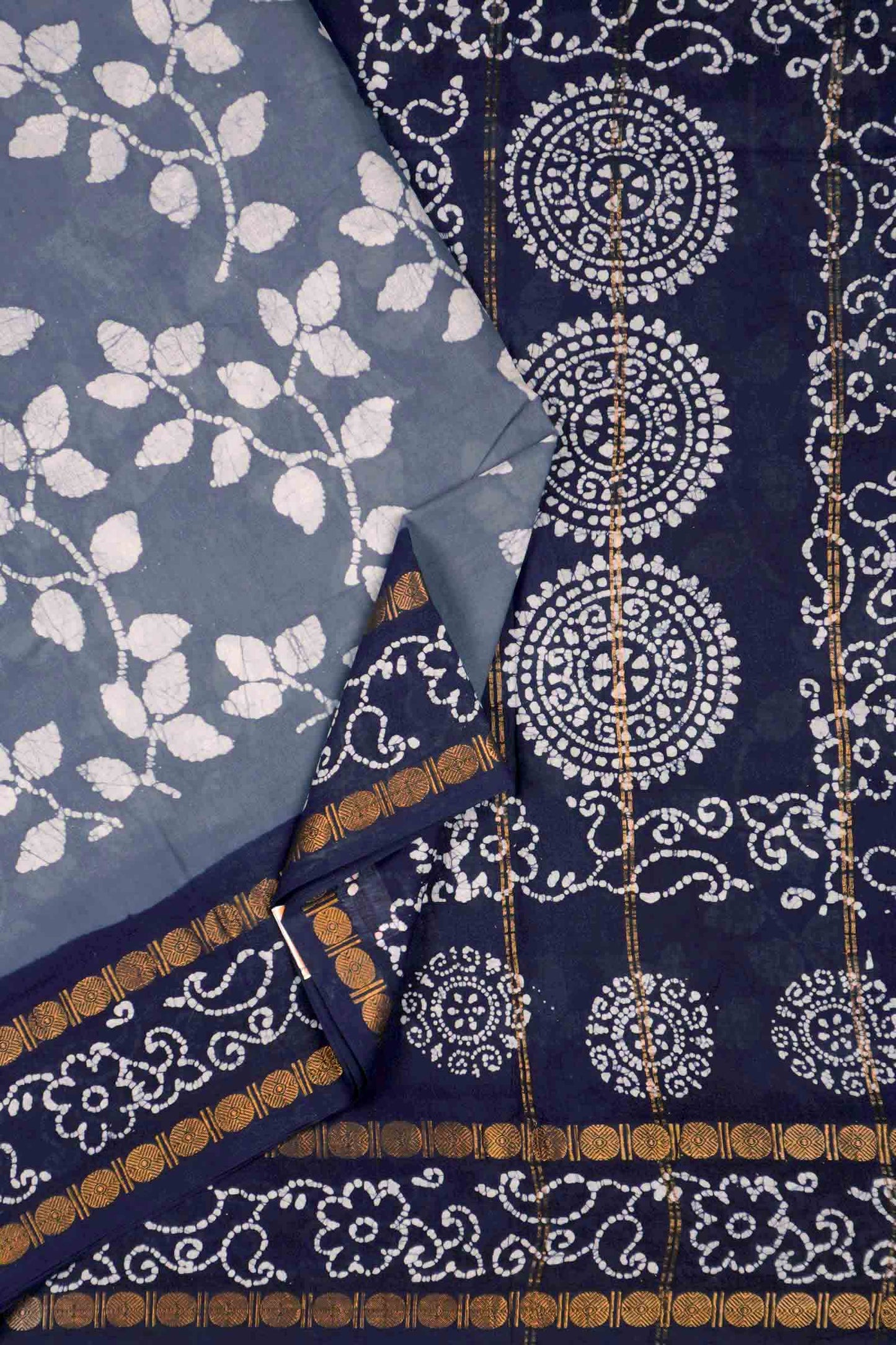 Denim Grey Pure Sungudi Cotton Summer Leaves Print Saree