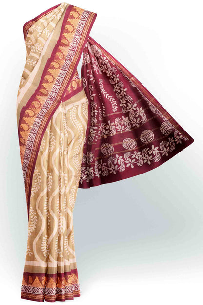 Sandal  Pure Sungudi Cotton Contrast Red Border Saree