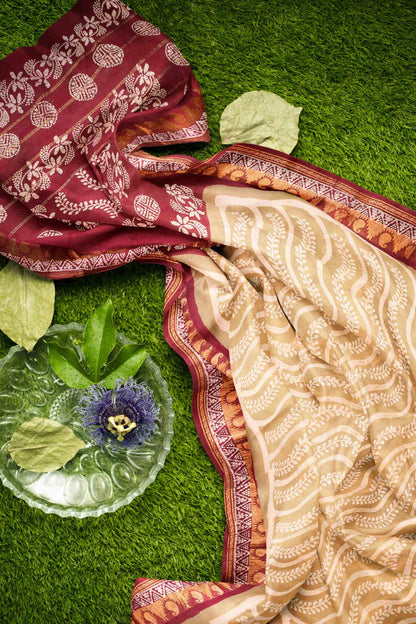 Sandal  Pure Sungudi Cotton Contrast Red Border Saree