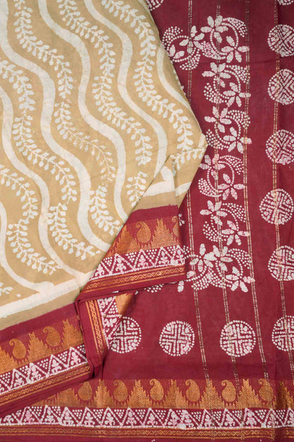 Sandal  Pure Sungudi Cotton Contrast Red Border Saree