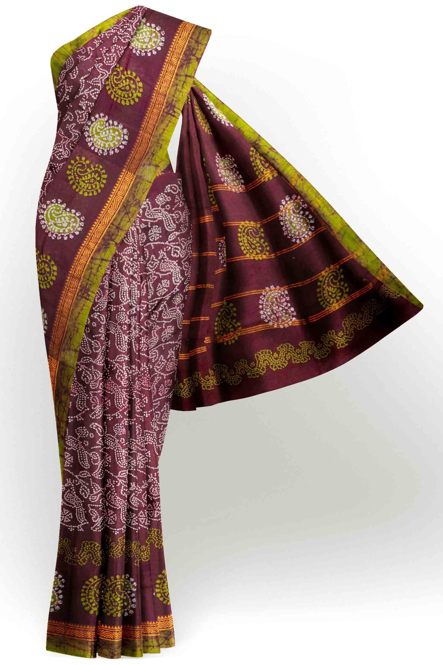 Dark Brown Pure Sungudi Cotton Peacock Garden Print Saree