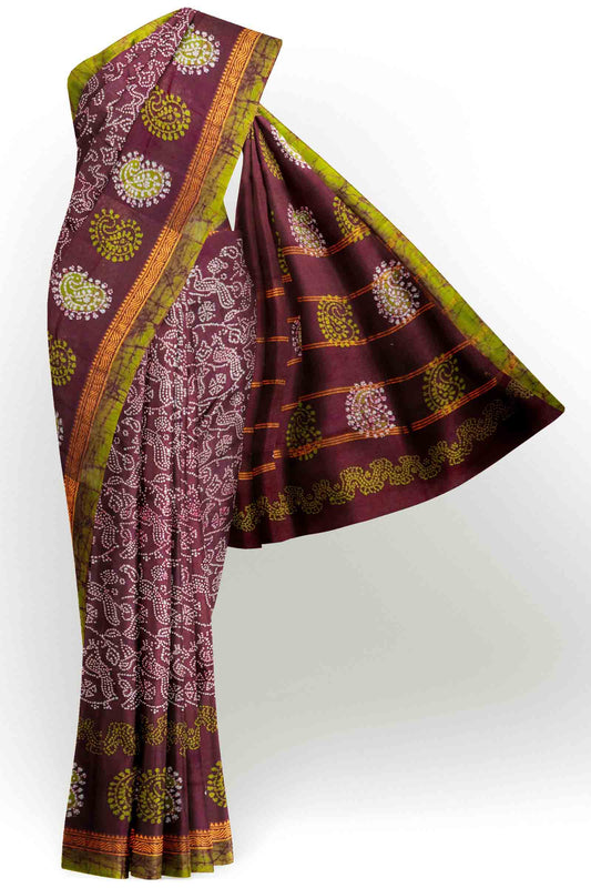 Dark Brown Pure Sungudi Cotton Peacock Garden Print Saree