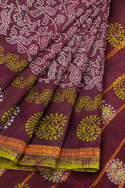 Dark Brown Pure Sungudi Cotton Peacock Garden Print Saree