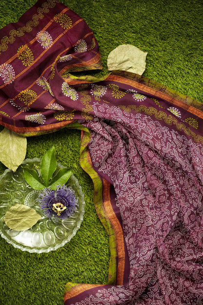 Dark Brown Pure Sungudi Cotton Peacock Garden Print Saree