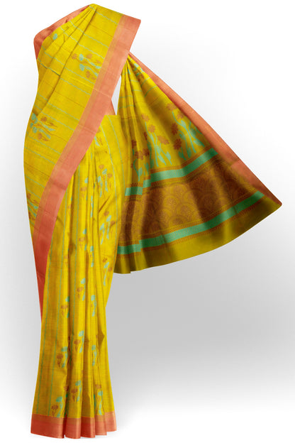Lime Green Yellow Pure South Cotton Floral Vines Saree