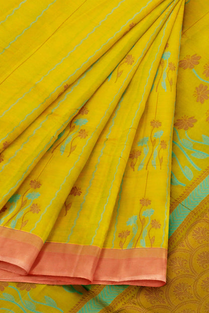 Lime Green Yellow Pure South Cotton Floral Vines Saree