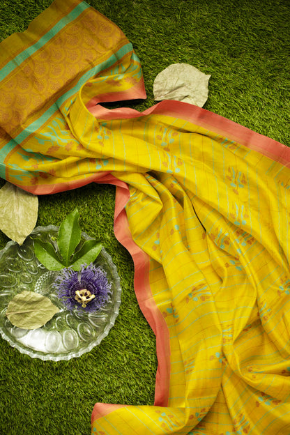 Lime Green Yellow Pure South Cotton Floral Vines Saree