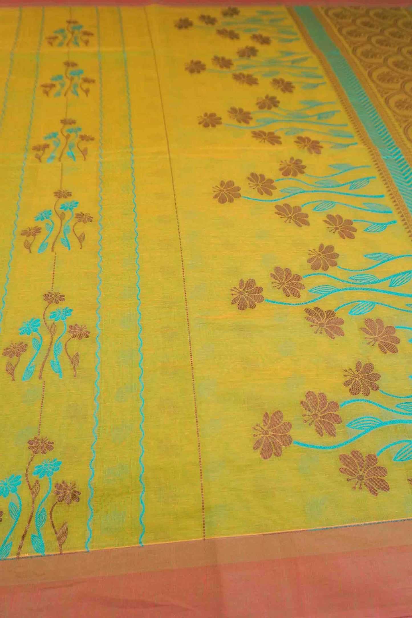Lime Green Yellow Pure South Cotton Floral Vines Saree
