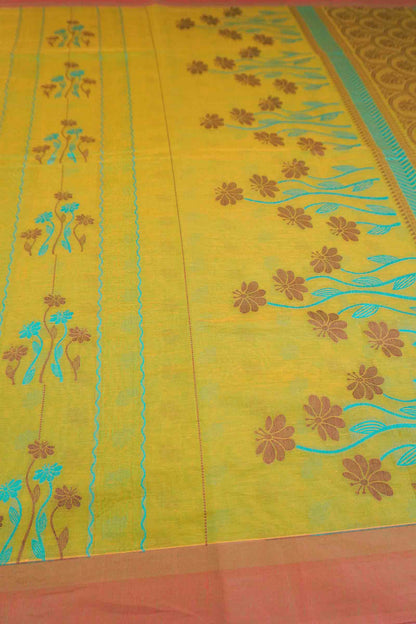 Lime Green Yellow Pure South Cotton Floral Vines Saree