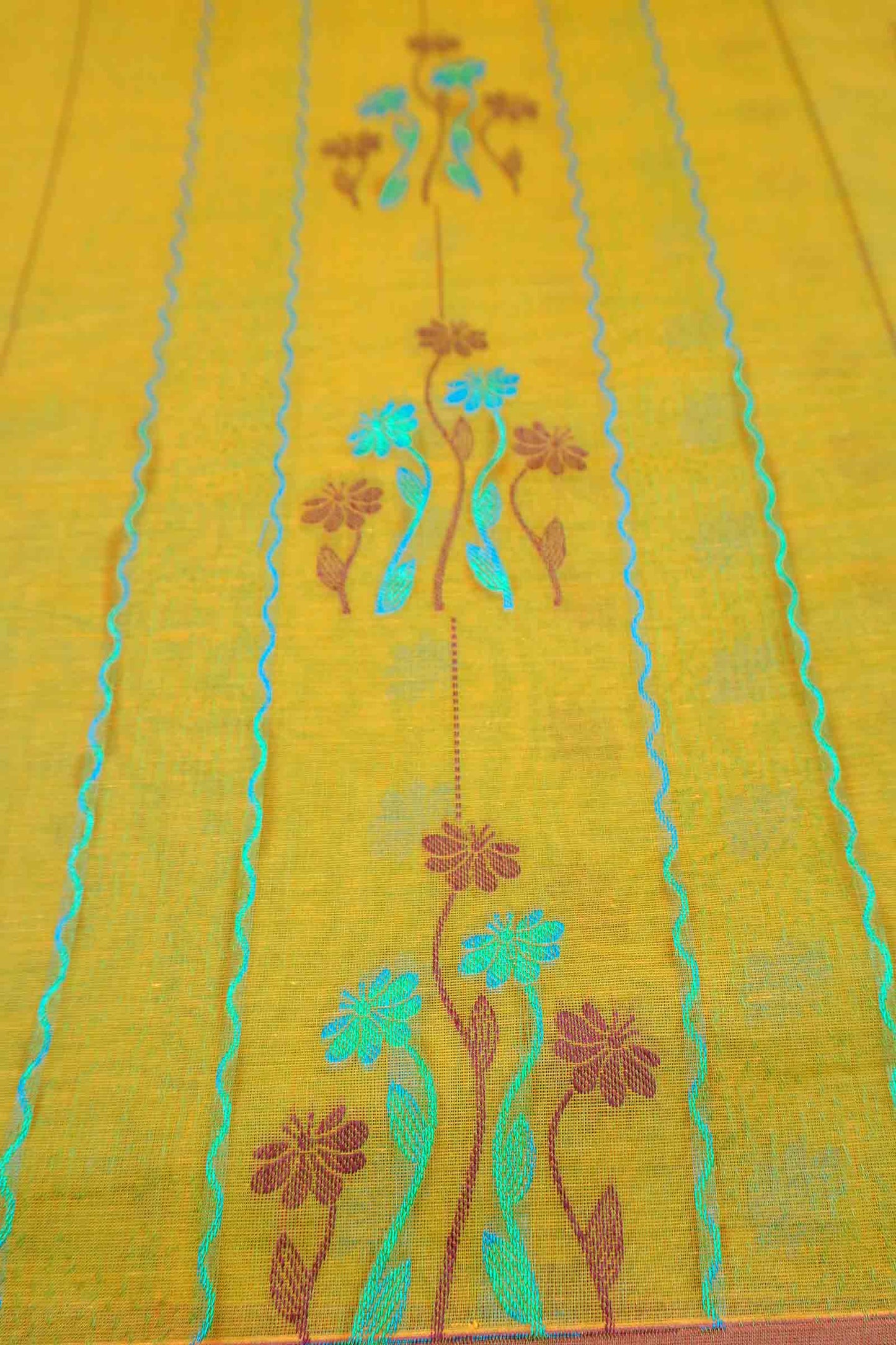 Lime Green Yellow Pure South Cotton Floral Vines Saree