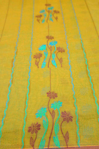 Lime Green Yellow Pure South Cotton Floral Vines Saree