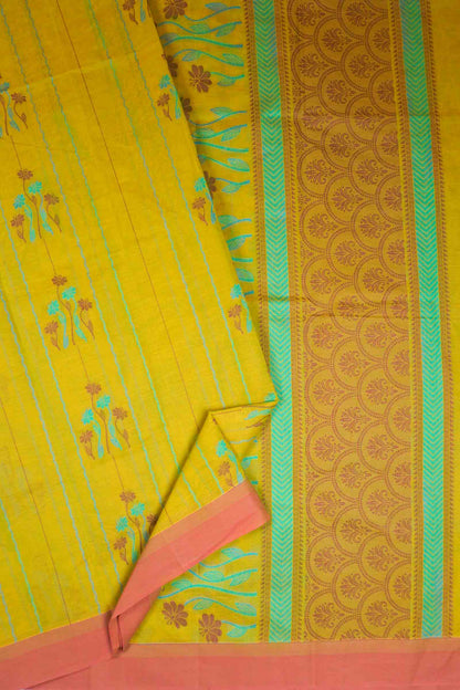 Lime Green Yellow Pure South Cotton Floral Vines Saree