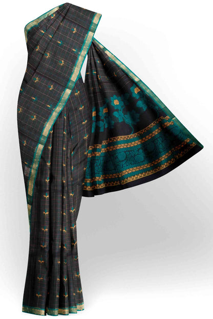Black Pure South Cotton Floral Checks Contrast Floral Pallu Saree