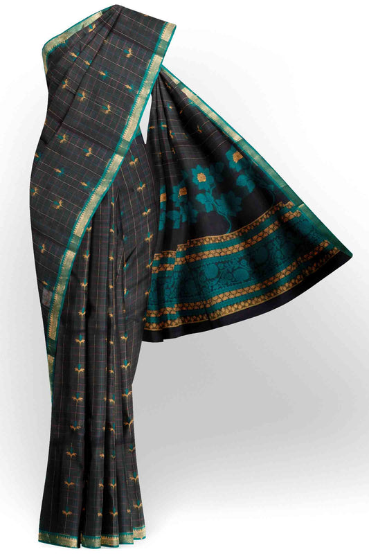 Black Pure South Cotton Floral Checks Contrast Floral Pallu Saree