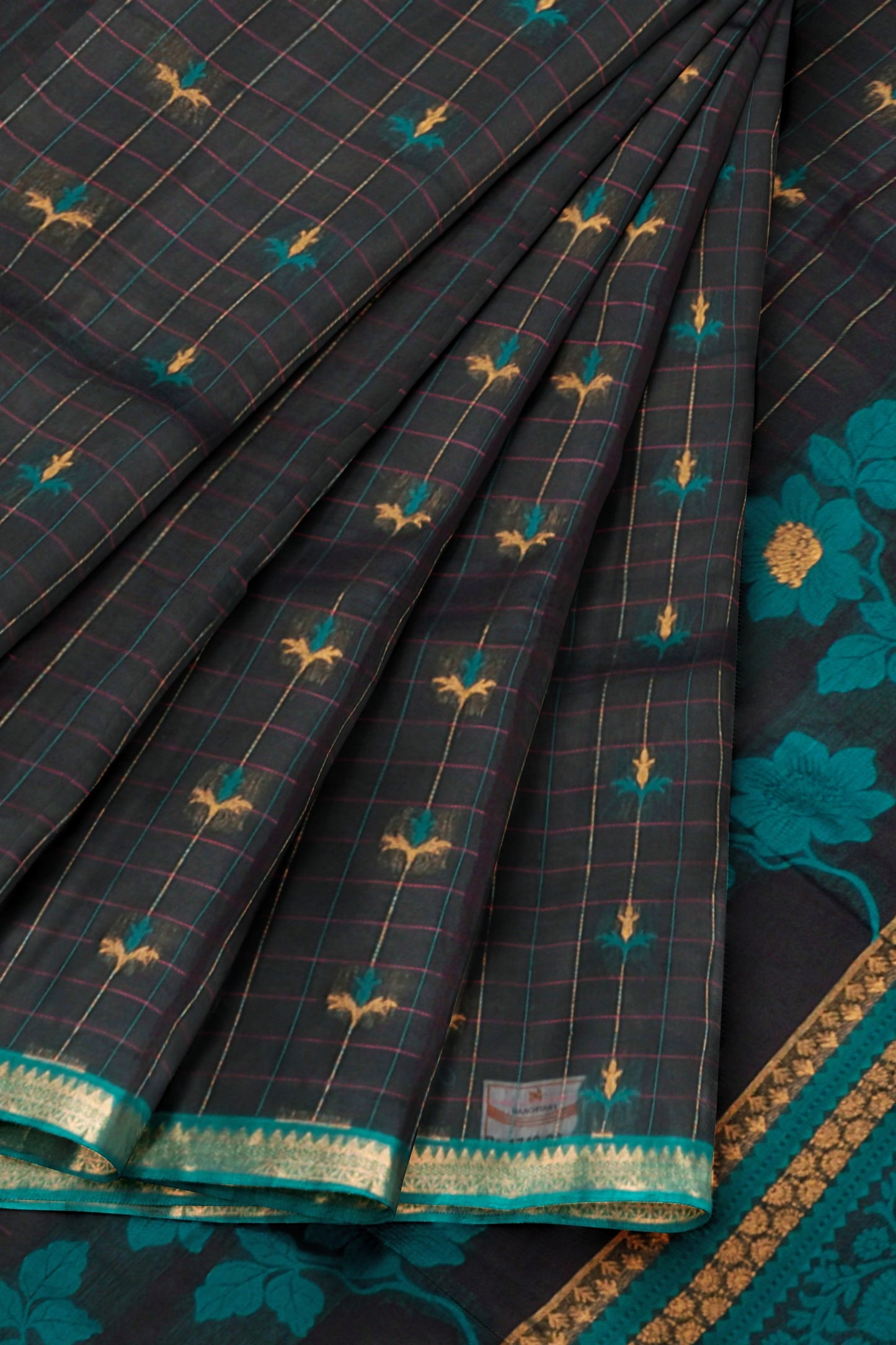 Black Pure South Cotton Floral Checks Contrast Floral Pallu Saree