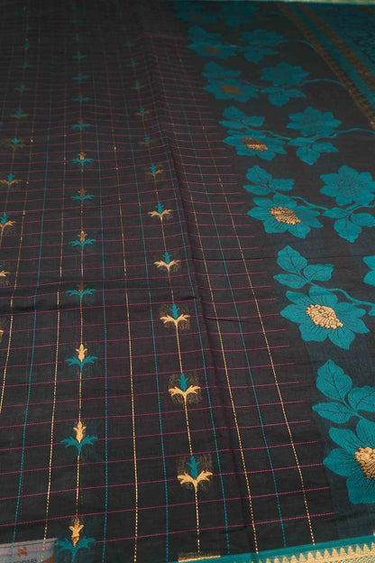 Black Pure South Cotton Floral Checks Contrast Floral Pallu Saree