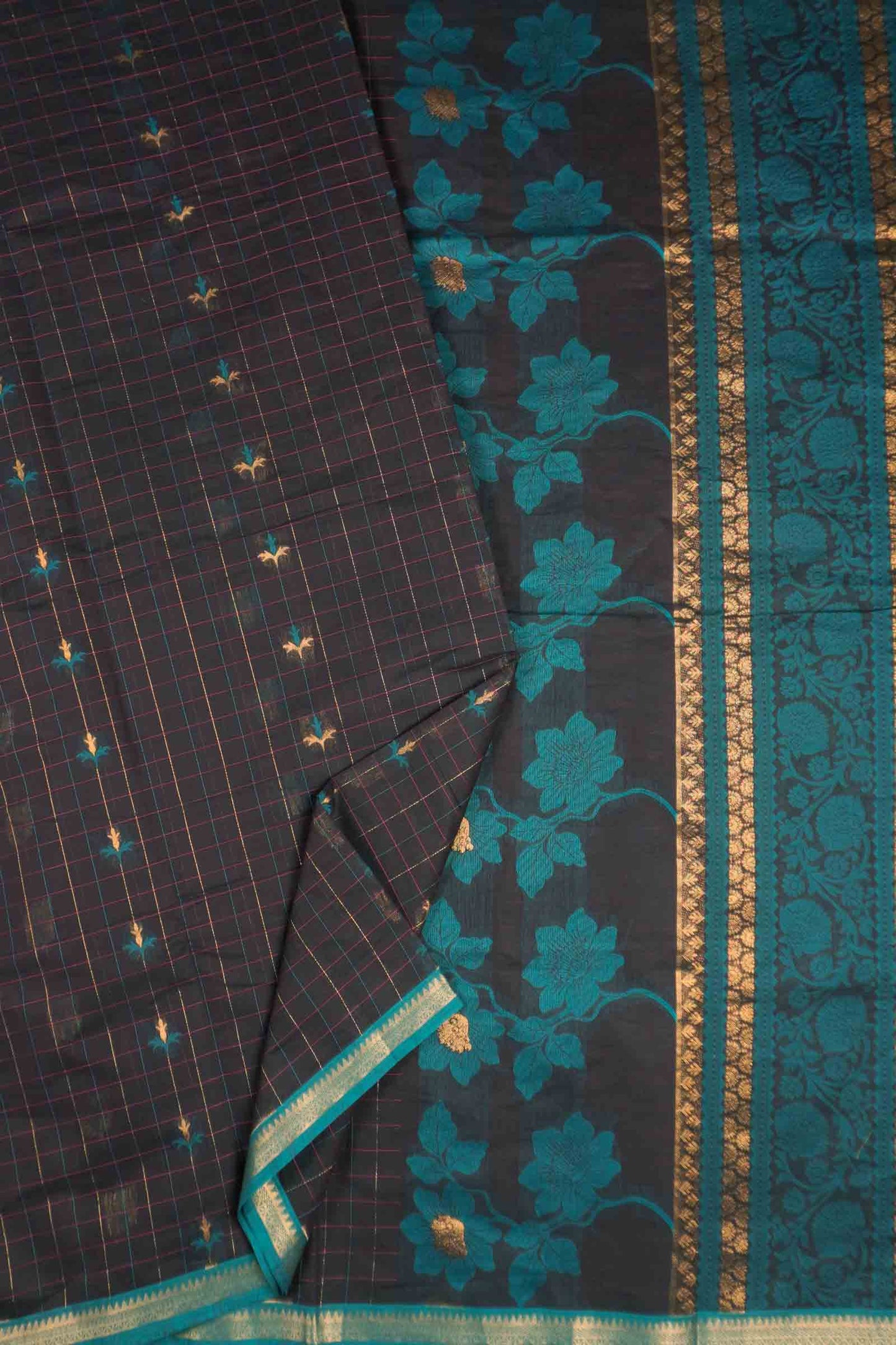 Black Pure South Cotton Floral Checks Contrast Floral Pallu Saree