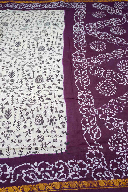 Off White Pure Sungudi Cotton Warli Prints Contrast Border Saree