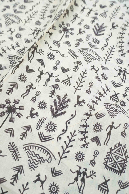 Off White Pure Sungudi Cotton Warli Prints Contrast Border Saree