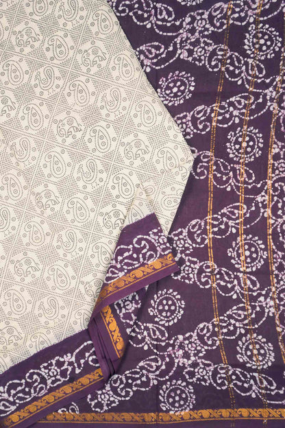 Off White Pure Sungudi Cotton Fancy Dotted Prints Contrast Purple Border Saree