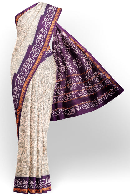 Off White Pure Sungudi Cotton Fancy Dotted Prints Contrast Purple Border Saree
