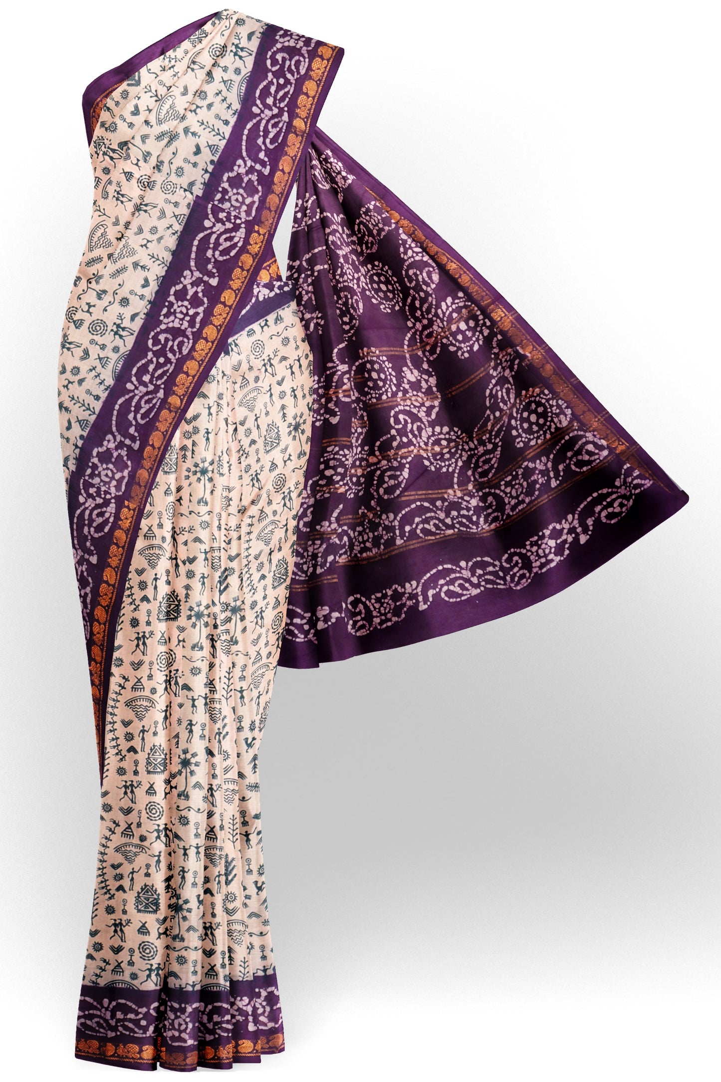 Off White Pure Sungudi Cotton Warli Prints Contrast Border Saree