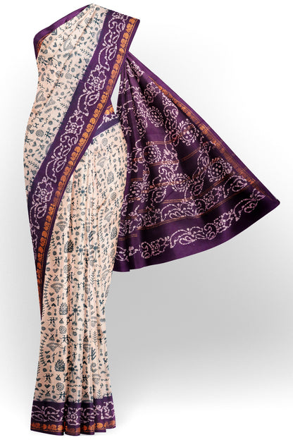 Off White Pure Sungudi Cotton Warli Prints Contrast Border Saree