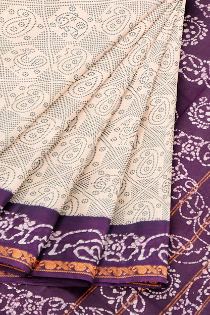 Off White Pure Sungudi Cotton Fancy Dotted Prints Contrast Purple Border Saree