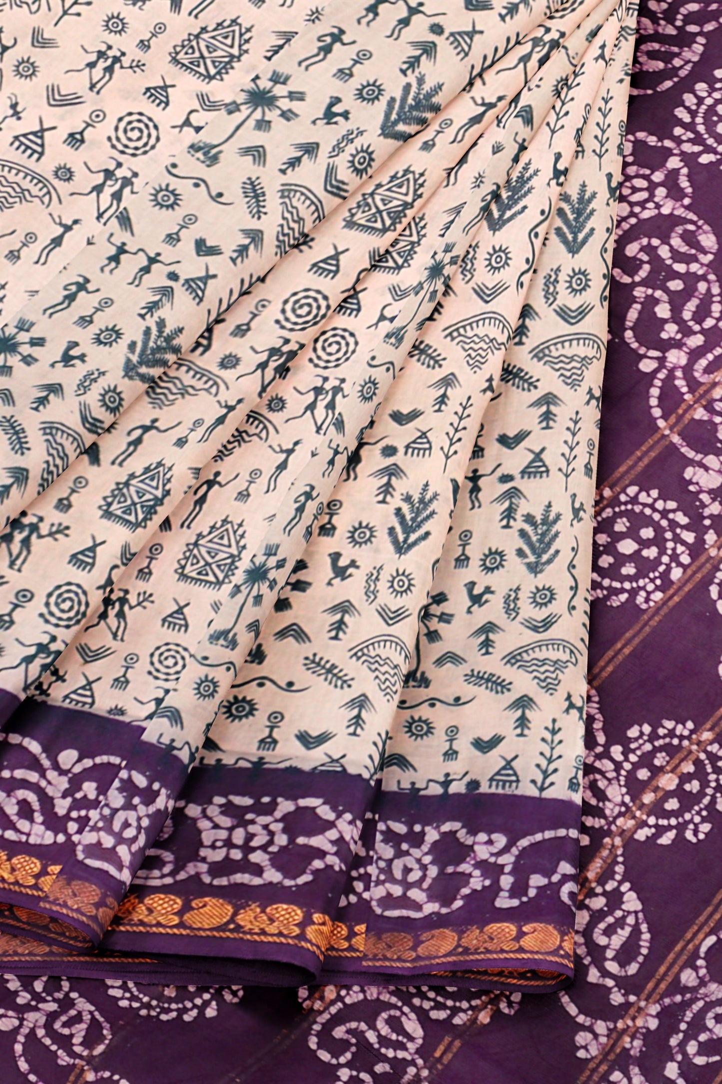 Off White Pure Sungudi Cotton Warli Prints Contrast Border Saree