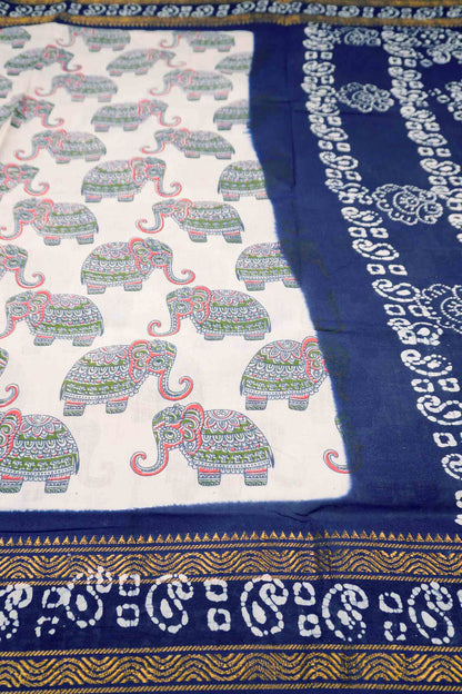 Off White Pure Sungudi Cotton Multi Color Elephant Prints Contrast Border Saree