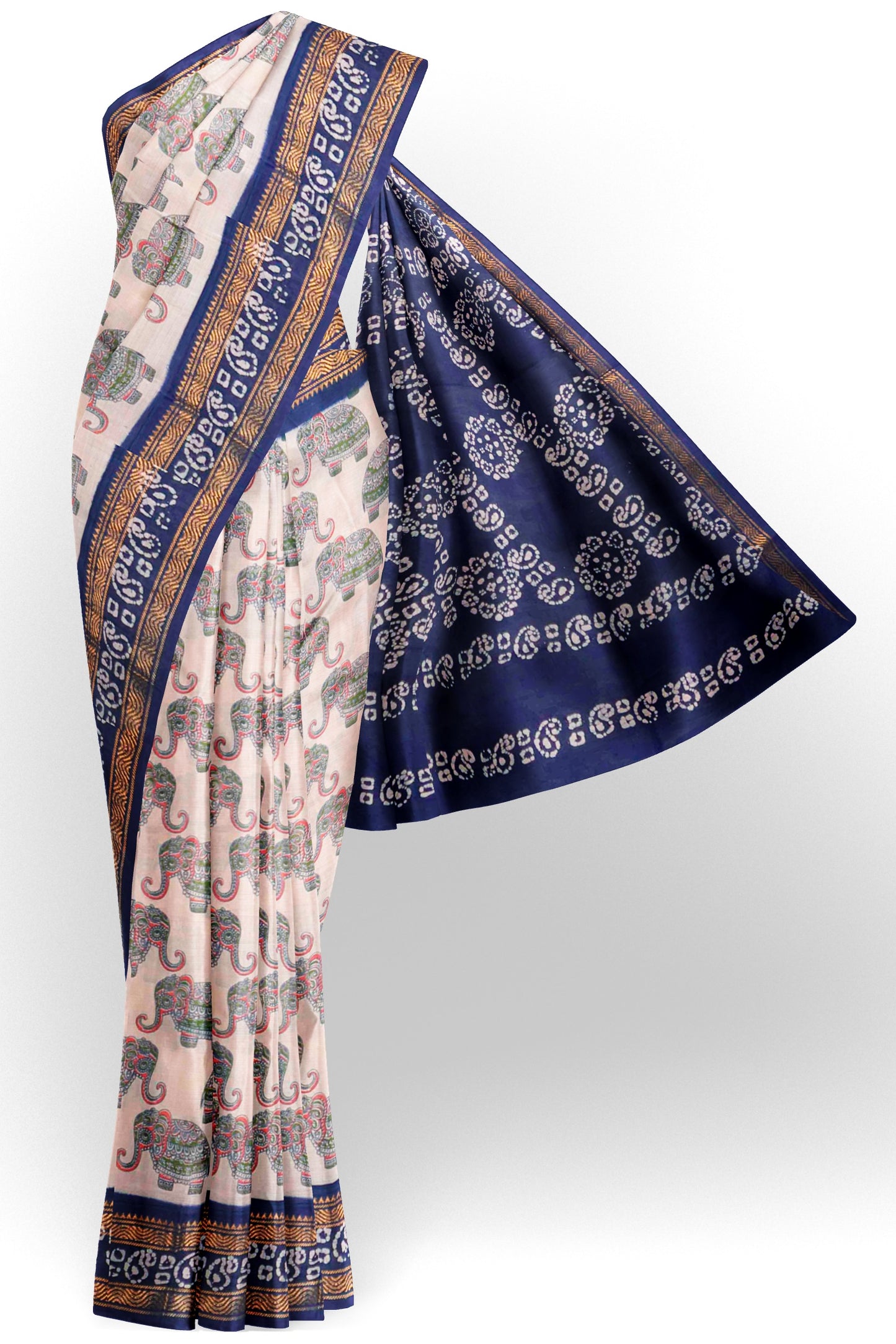 Off White Pure Sungudi Cotton Multi Color Elephant Prints Contrast Border Saree