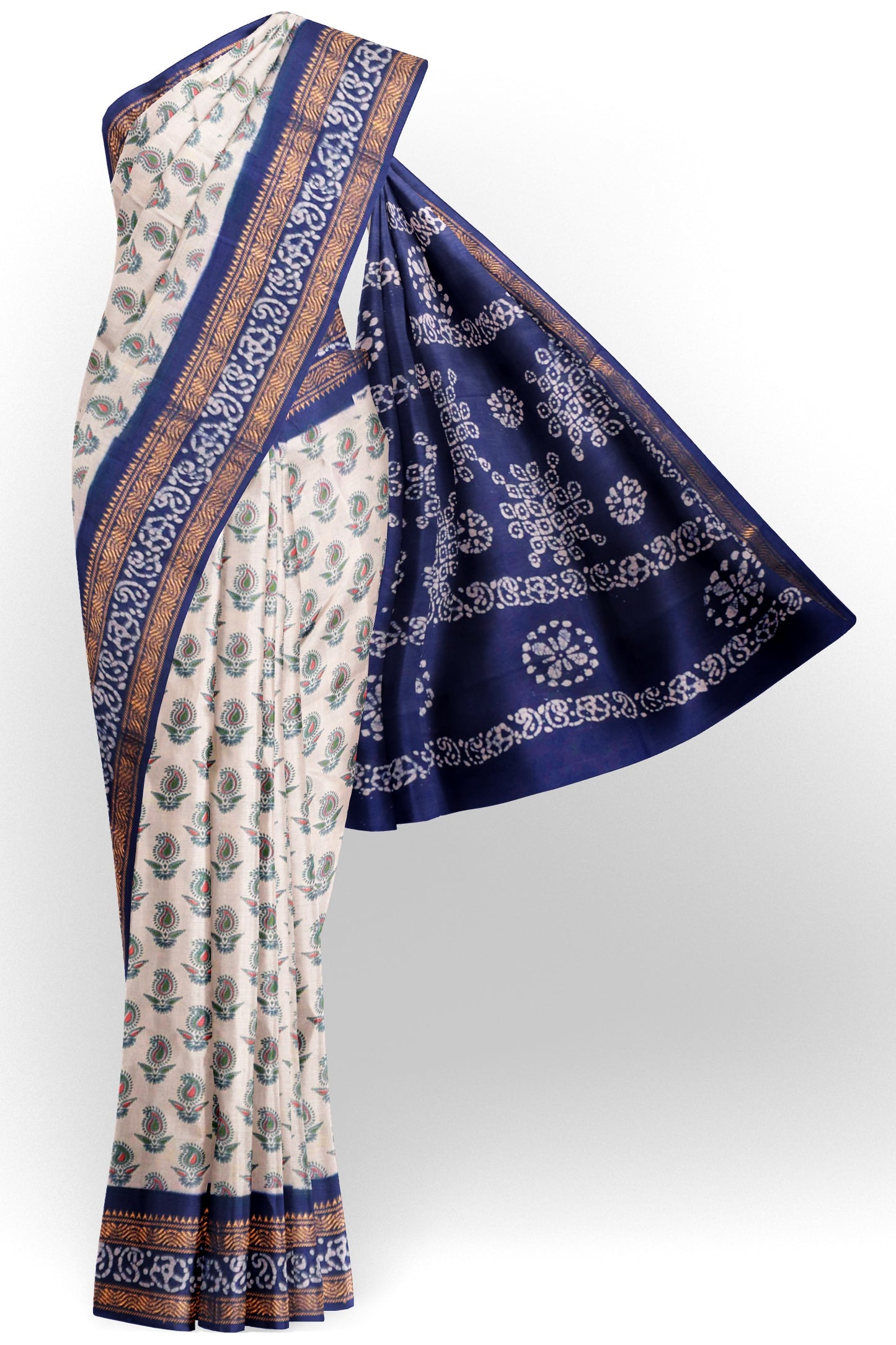Off White Pure Sungudi Cotton Paisely Print Kolam Pallu Saree