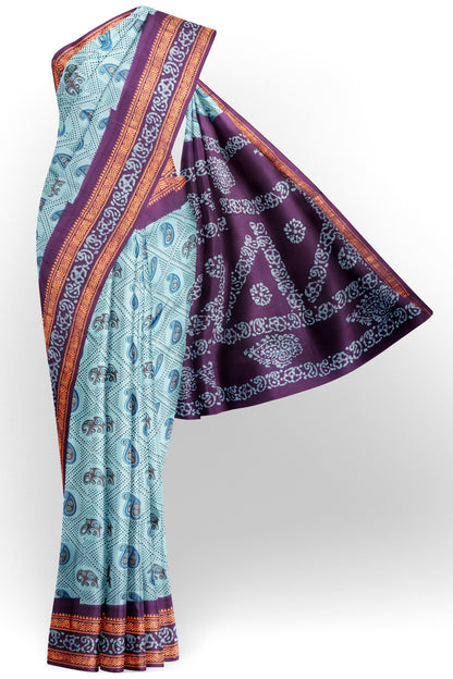 Blue Dotted Pure Sungudi Cotton Checkered Elephant Contrast Border saree