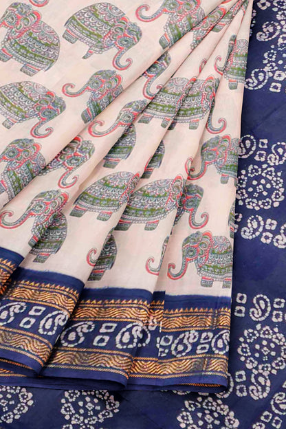 Off White Pure Sungudi Cotton Multi Color Elephant Prints Contrast Border Saree