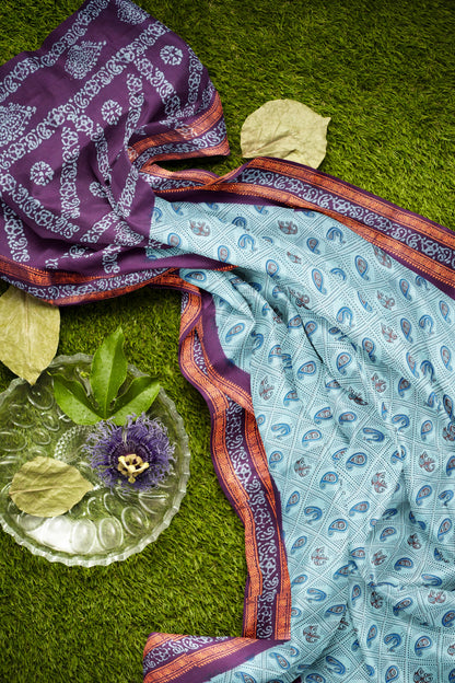 Blue Dotted Pure Sungudi Cotton Checkered Elephant Contrast Border saree