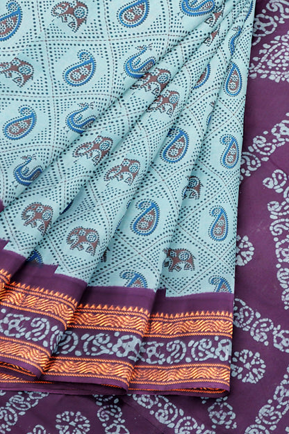 Blue Dotted Pure Sungudi Cotton Checkered Elephant Contrast Border saree