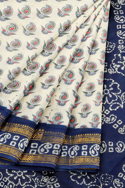 Off White Pure Sungudi Cotton Paisely Print Kolam Pallu Saree