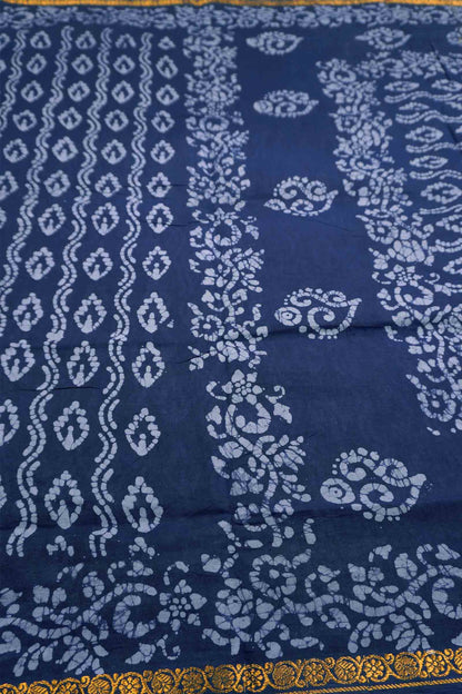 Navy Blue Pure Sungudi Cotton Leaf Prints Zari Border Saree
