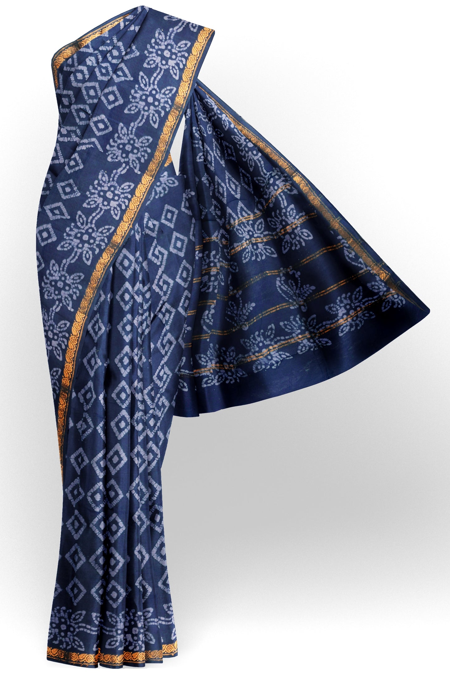 Navy Blue Pure Sungudi Cotton Diamond Prints Zari Border Saree