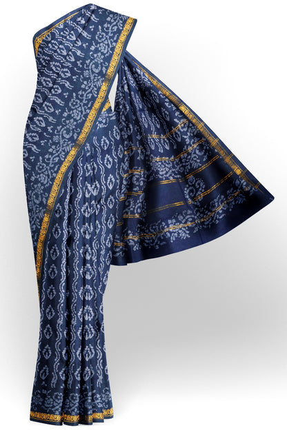 Navy Blue Pure Sungudi Cotton Leaf Prints Zari Border Saree