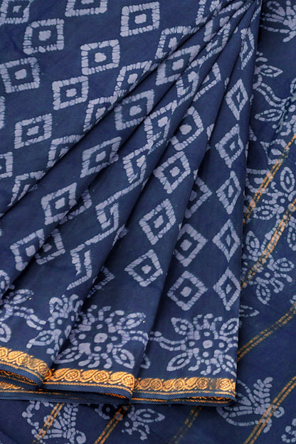 Navy Blue Pure Sungudi Cotton Diamond Prints Zari Border Saree