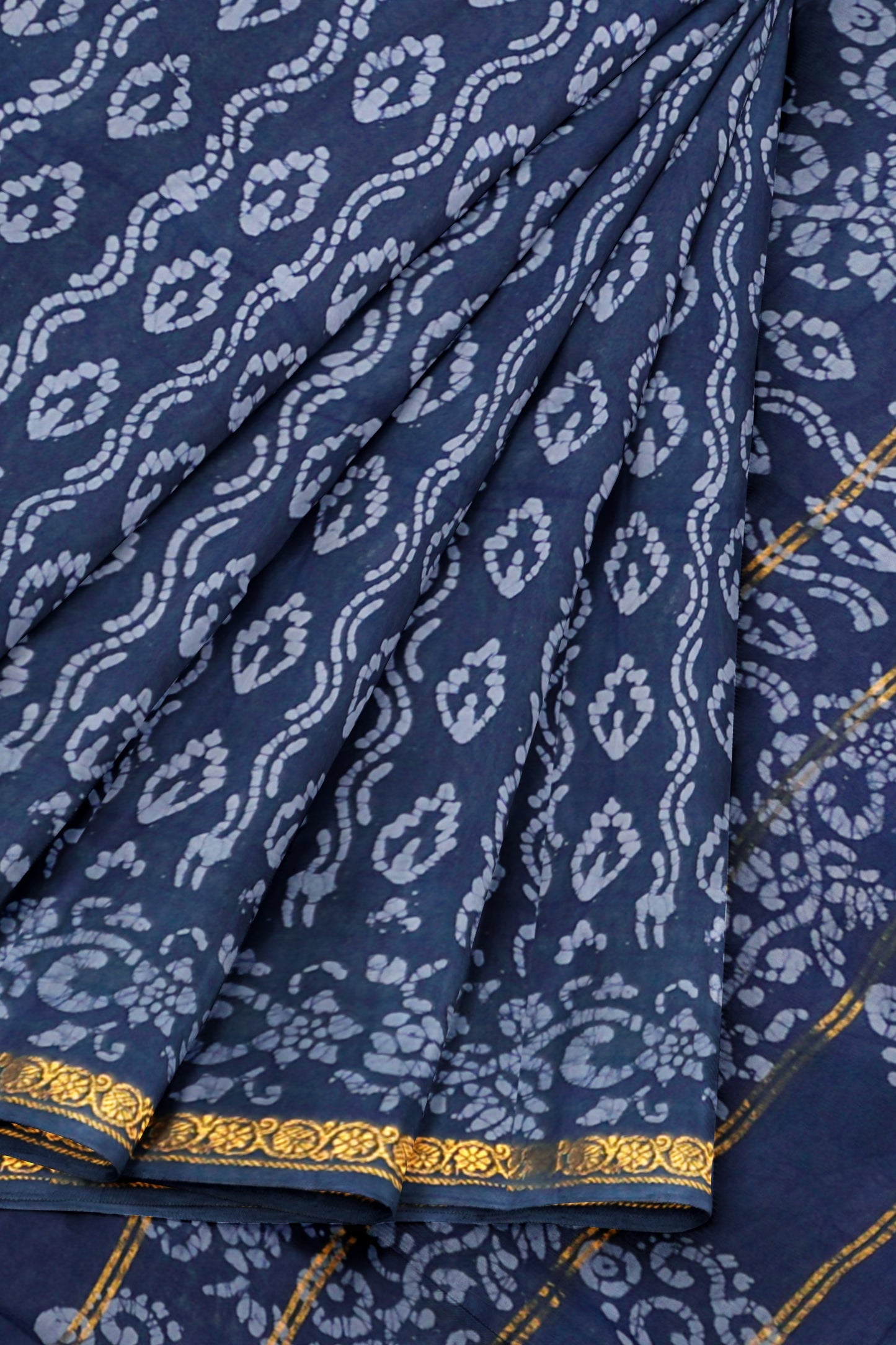 Navy Blue Pure Sungudi Cotton Leaf Prints Zari Border Saree