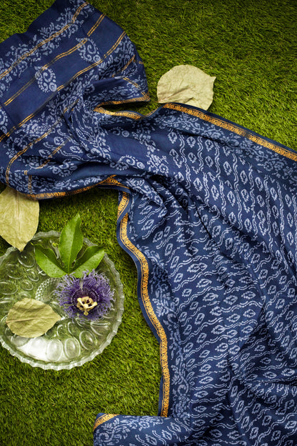 Navy Blue Pure Sungudi Cotton Leaf Prints Zari Border Saree